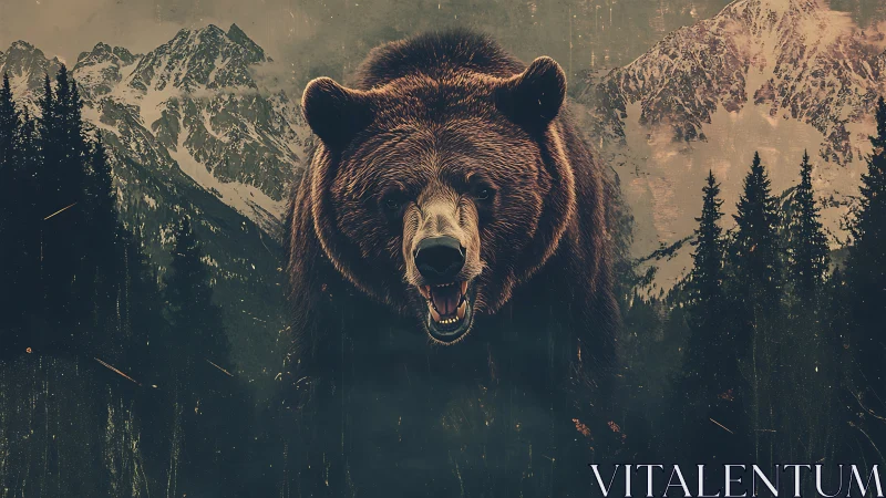 Mighty mountain bear strides forward in a wild forest realm