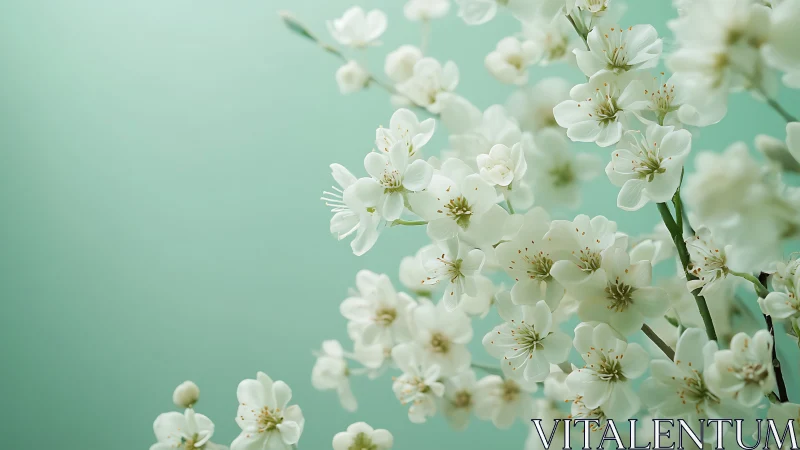 White blossom branches against uniform aqua background.