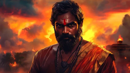 Fierce ascetic warrior before blazing temple skies.