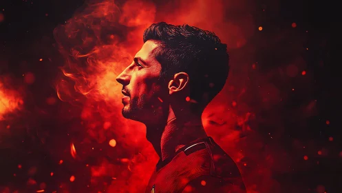 Profile of determined athlete in blazing red inferno glow.