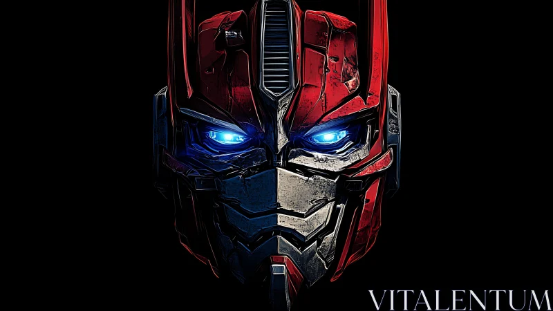 Battle-worn red robot helm glows with intense blue light