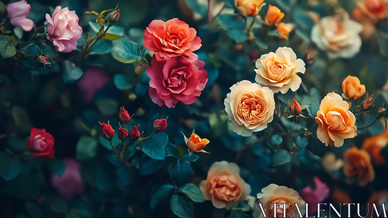 Garden of flowering roses displaying multiple color gradations in teal landscape setting.