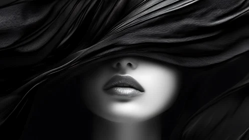 Luminous lips beneath vector-sculpted monochrome drapery.
