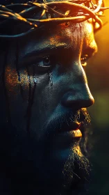High-contrast portrait of wounded man with thorn crown side-lit