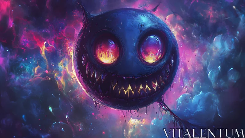 Cosmic grinning void spirit with neon ember eyes afloat.