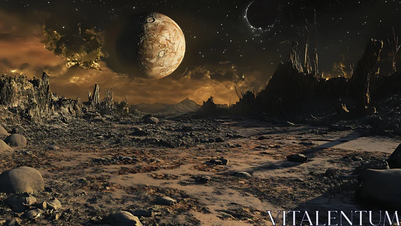 Barren alien landscape shows rocky terrain under looming planet