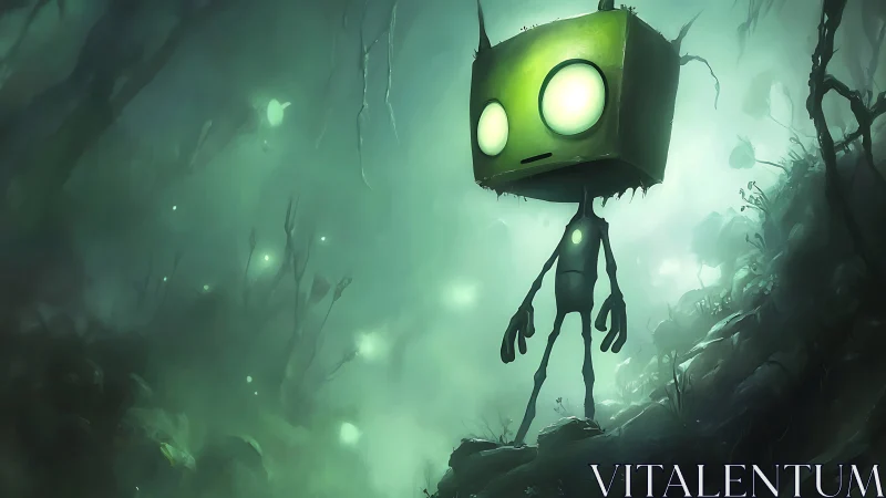 Bioluminescent robot explores misty alien forest with volumetric fog