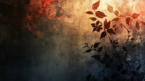 Silhouetted foliage climbs across grunge wall in warm gradient light