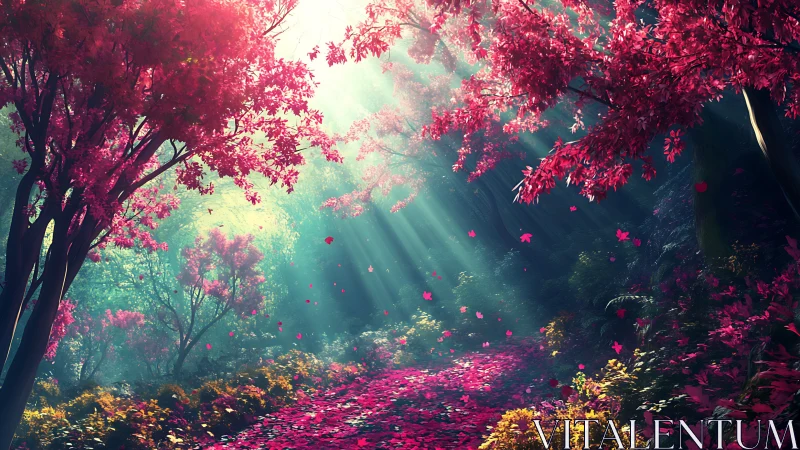 Digital painting of luminous magenta forest path composition.