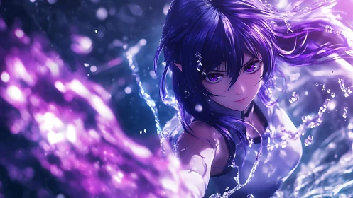 Purple haired anime figure interacts with luminous water forms