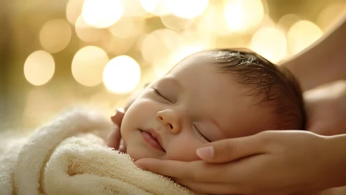 Newborn Child Cradled in Parental Hands Under Warm Bokeh Light
