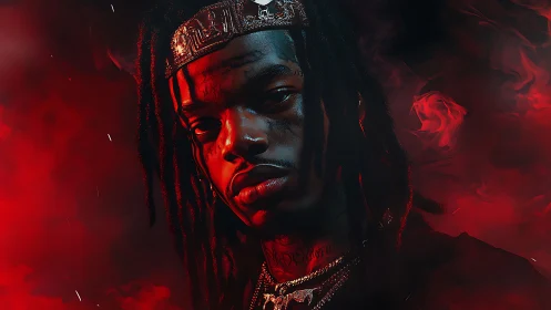 Brooding dreadlocked monarch in ember-red haze portrait.