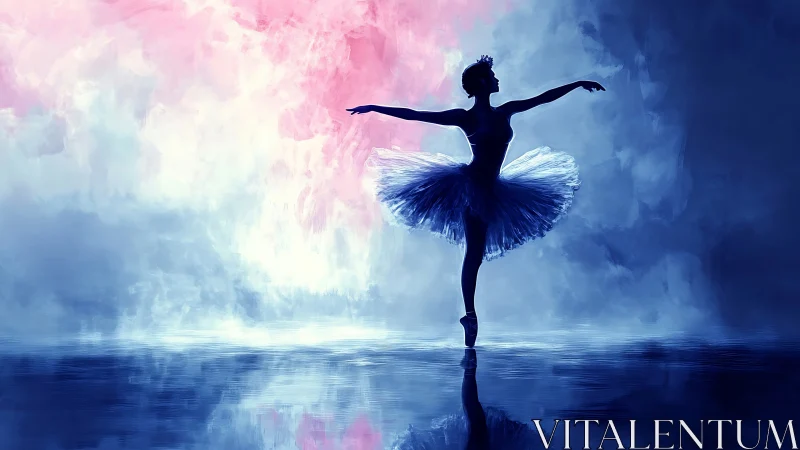 Silhouetted ballerina dancing on reflective blue stage.
