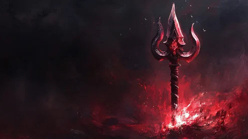Dark red trident rising from burning crimson energy.
