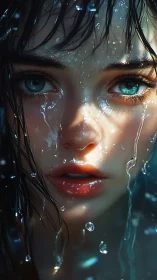 Wet portrait highlights luminous teal eyes and droplets.