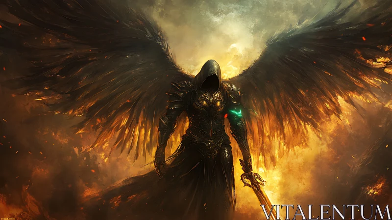 Hooded winged warrior with flaming sword in smoky sky.