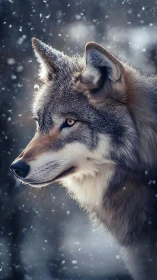 Wolf stands alert in falling snow with frosted fur details