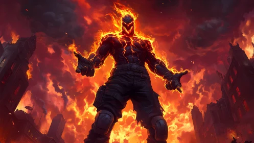 Fiery humanoid figure dominates burning urban skyline.