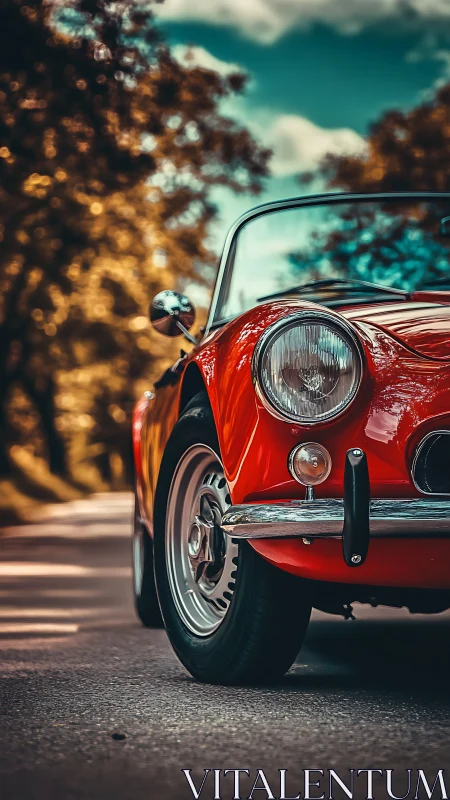 Red vintage roadster gleams on a sunlit tree-lined highway.