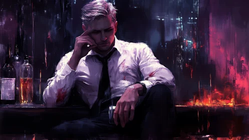 Brooding businessman drinks alone in neon city bar at night.