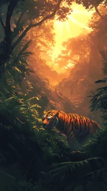 Tiger stalks dense jungle under molten sunrise glow.