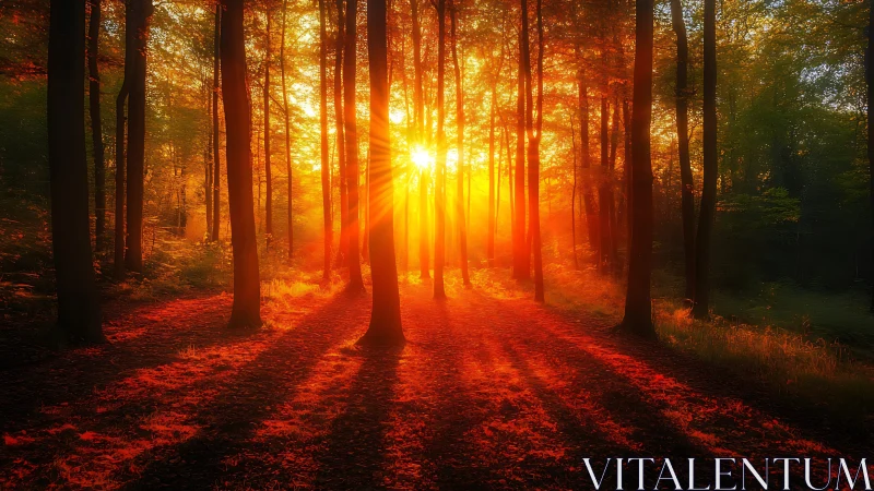 Backlit woodland sunrise with elongated shadow geometry.