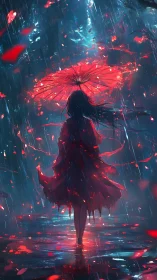 Scarlet umbrella wanderer beneath electric midnight rain.