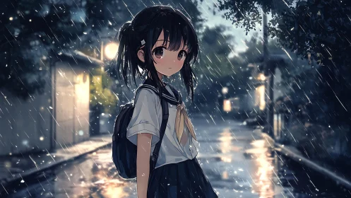 Rain-soaked schoolgirl on reflective evening street, anime realism