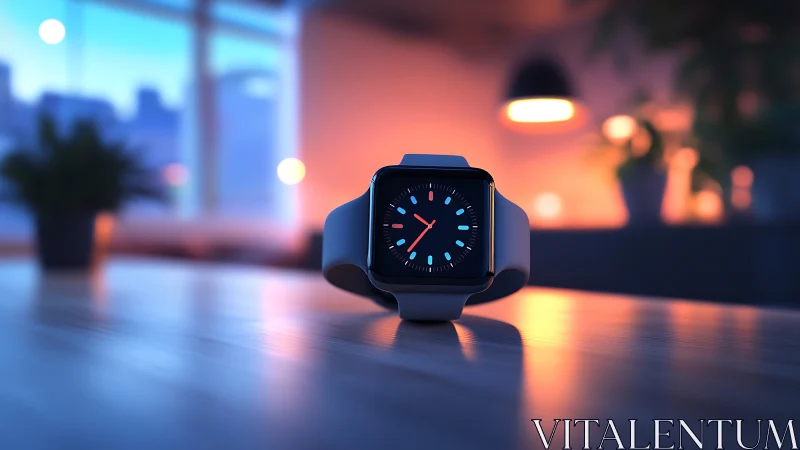 Smartwatch rests on tabletop under soft evening interior light