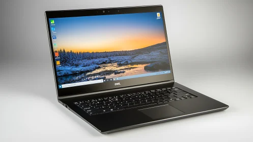 Slim Dell laptop in three-quarter view showing illuminated keyboard