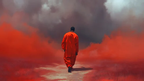 Solitary figure walks through dense red fog on path