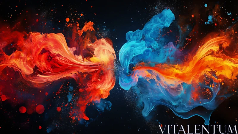 Vivid red and blue fluid plumes collide on dark space background.