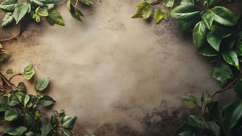 Botanical foliage frame encircling textured plaster wall surface.