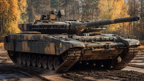 Steel behemoth rolls through autumn woods in armored silence.