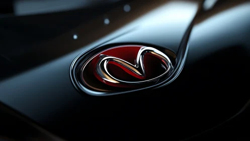 Chrome automotive emblem sits on glossy black car hood