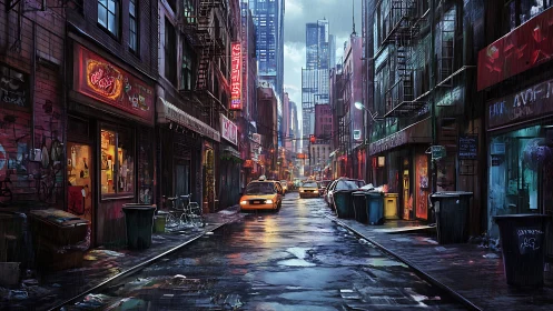 Rain soaked city alley glows with neon lights and taxis