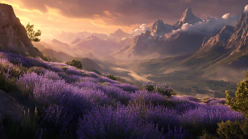Lavender alpine valley at sunset with layered mountain ridges