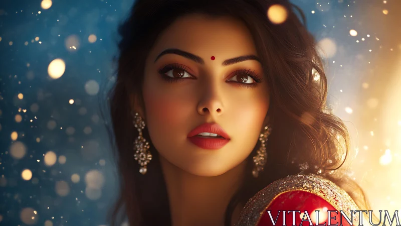 Portrait renders woman in traditional attire with soft lighting