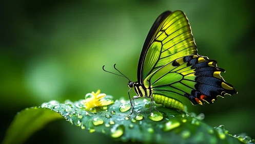Emerald butterfly on dewy leaf in high-detail macro frame.