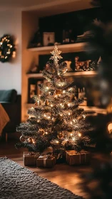 Cozy twinkle tree guarding neatly wrapped winter promises.