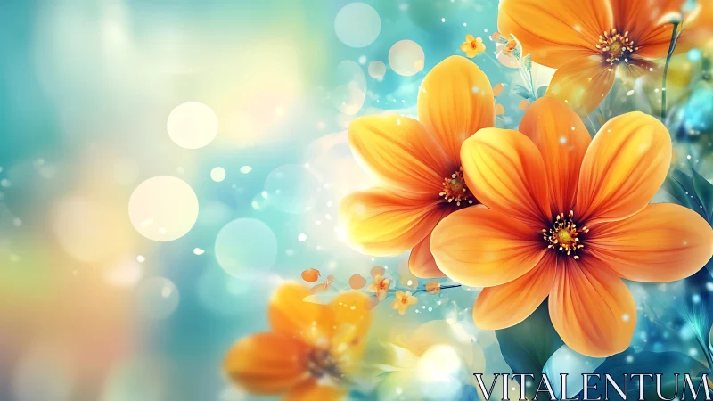 Vibrant Orange Cosmos Flowers With Bokeh Light Effects and Turquoise Gradient