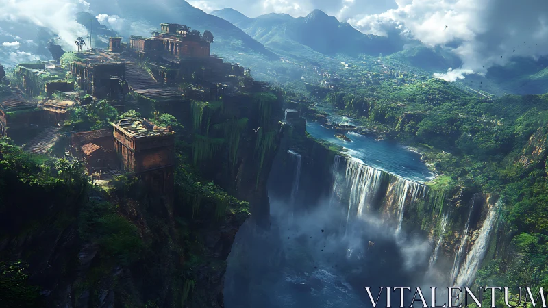 Ancient jungle citadel above vast cascading waterfalls.