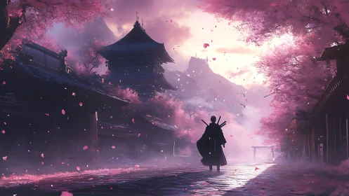 Lone samurai walks under cherry blossoms toward misty temple