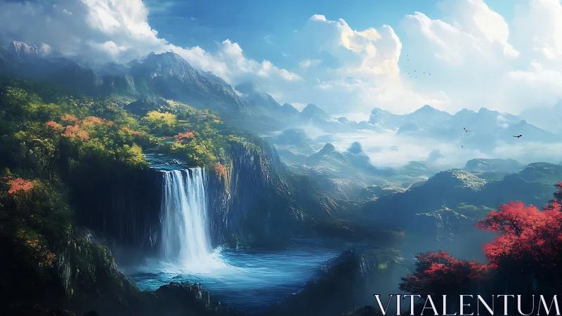 Cascading alpine waterfall framed by atmospheric, misty peaks