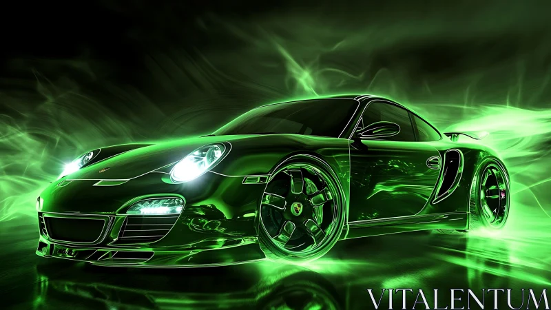 Neon-charged sports coupé in luminescent vector airflow field.