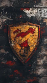 Weathered red mech emblem on distressed wooden shield.