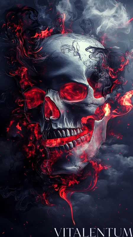 Digital painting of infernal skull in swirling crimson smoke.