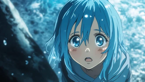 Blue haired anime girl underwater with wide surprised eyes.