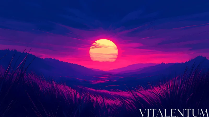 Neon dusk valley landscape in saturated digital painting style.