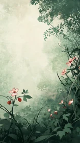 Vertical digital scene of green foliage and pink wildflowers.